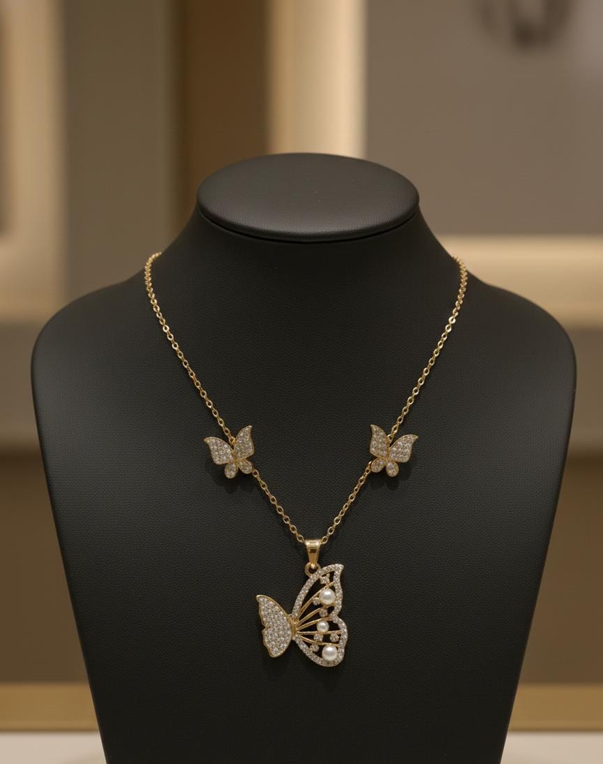 Golden Butterfly Pearl Anti-Tarnish Necklace & Earrings Combo
