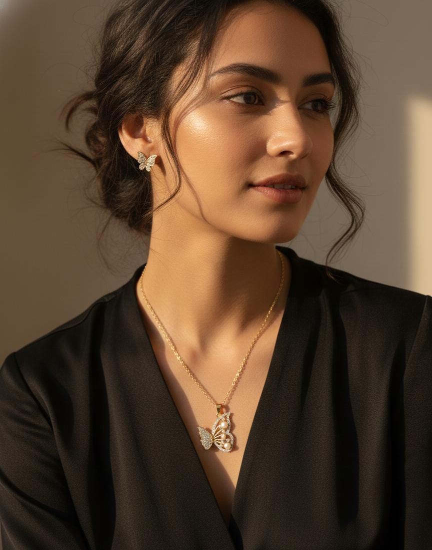 Golden Butterfly Pearl Anti-Tarnish Necklace & Earrings Combo