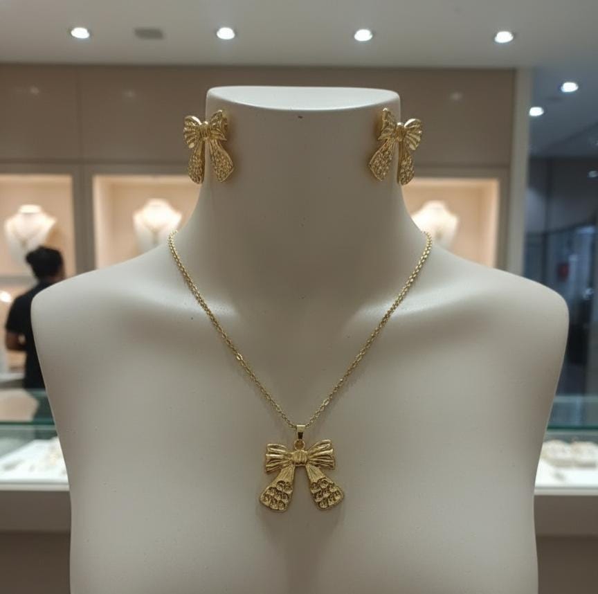 Golden Bow Anti-Tarnish Necklace & Earrings Combo