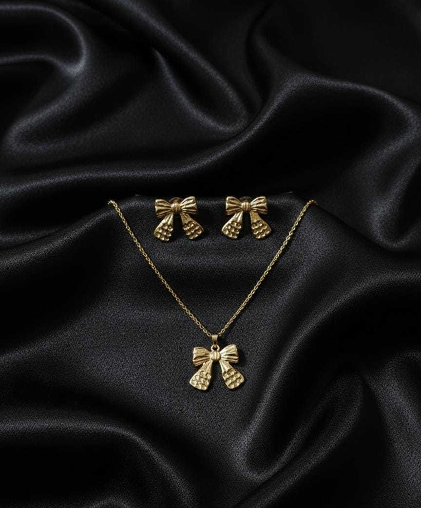 Golden Bow Anti-Tarnish Necklace & Earrings Combo