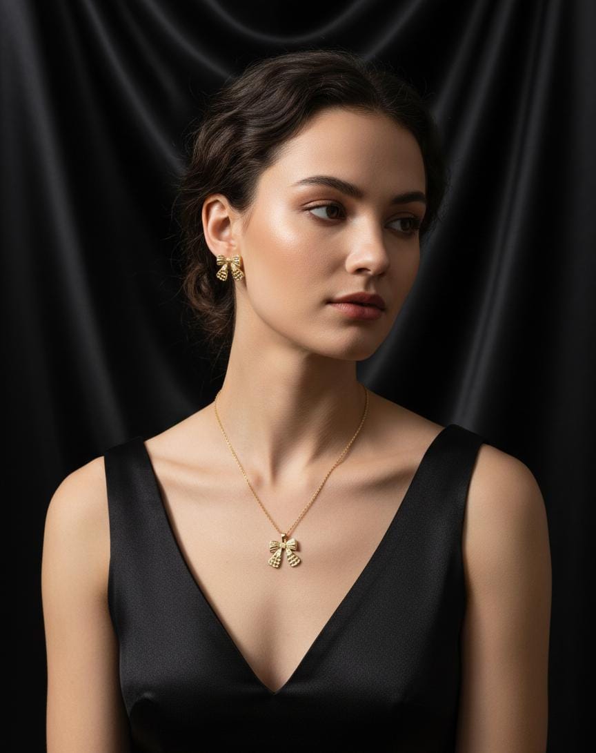 Golden Bow Anti-Tarnish Necklace & Earrings Combo