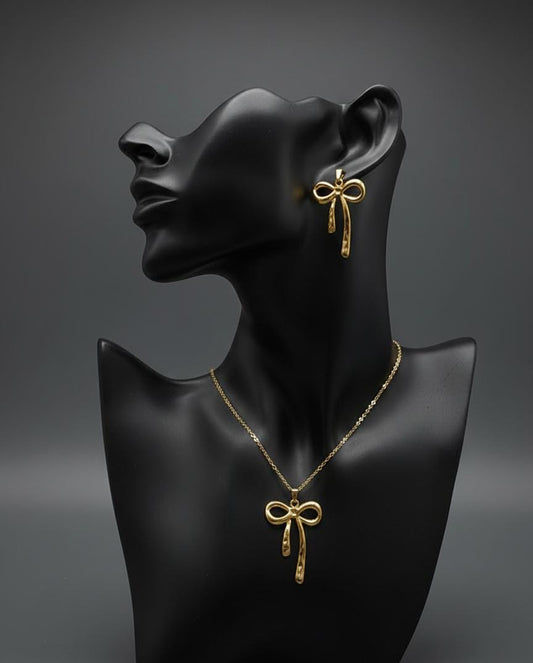 Golden Bow Drop Anti-Tarnish Necklace & Earrings Combo
