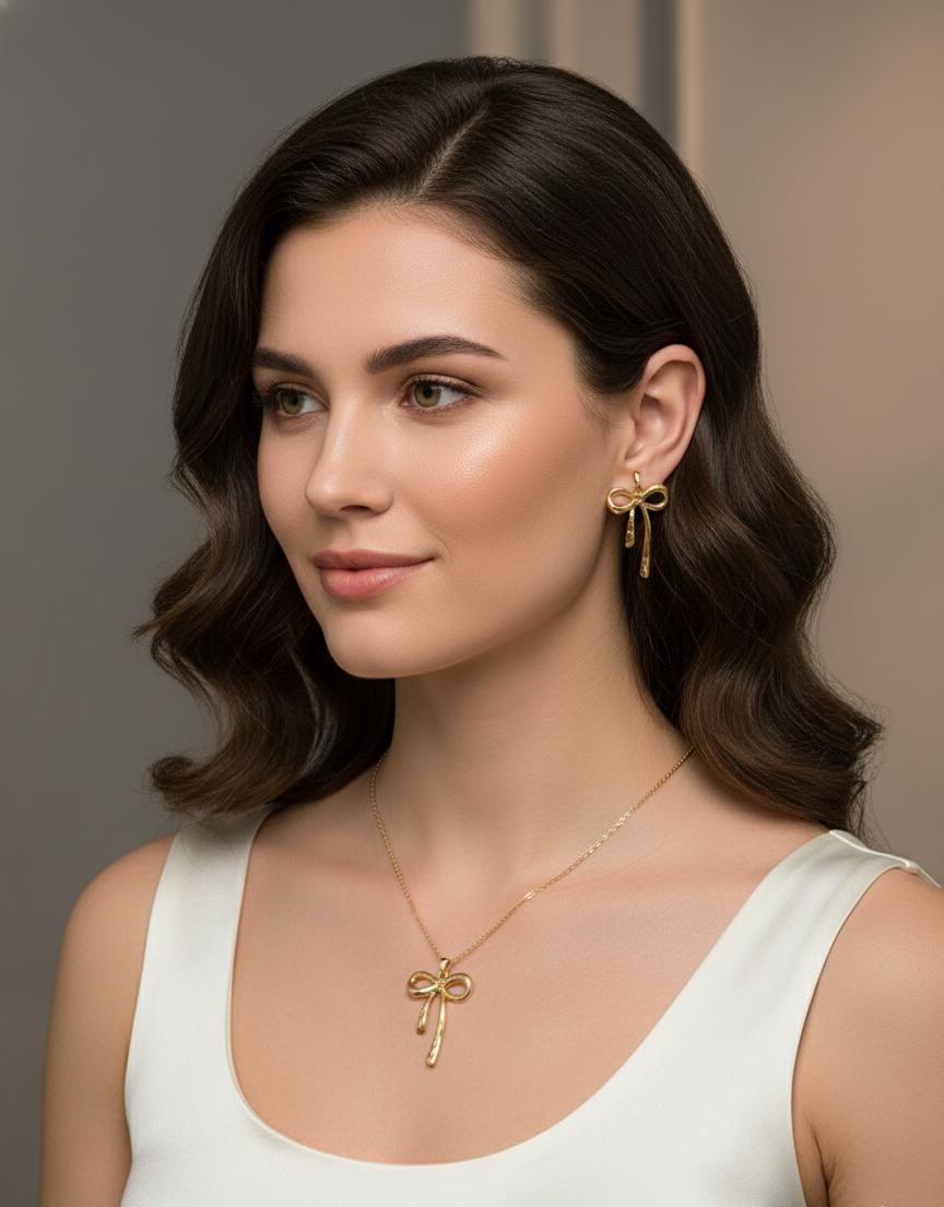 Golden Bow Drop Anti-Tarnish Necklace & Earrings Combo