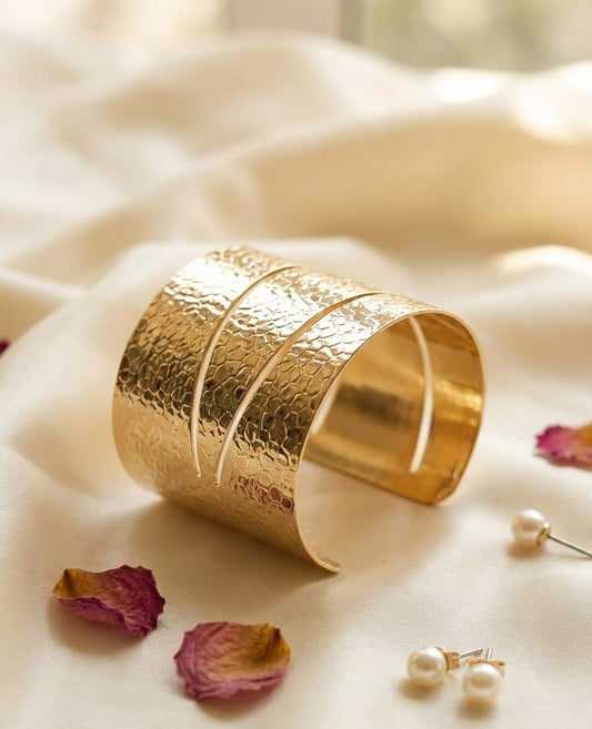 Aurélia Wide Textured Adjustable Anti-Tarnish Gold Cuff Bracelet