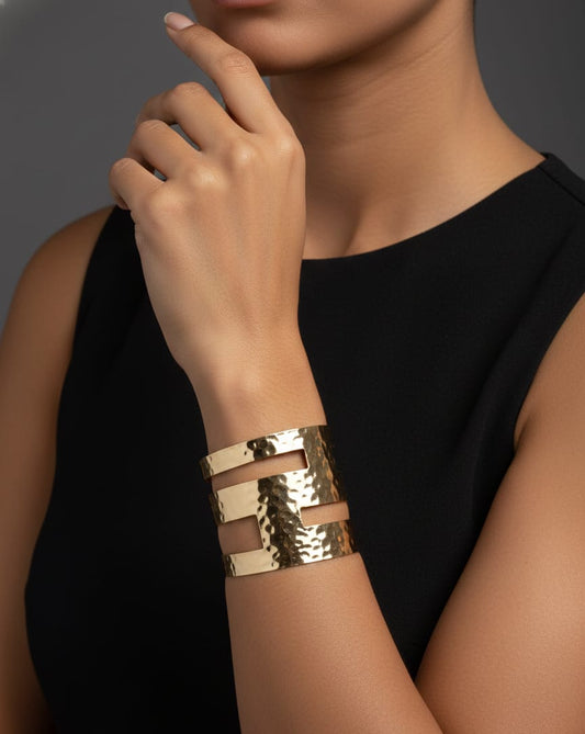 Aurelia Wide Hammered Adjustable Anti-Tarnish Gold Cuff Bracelet