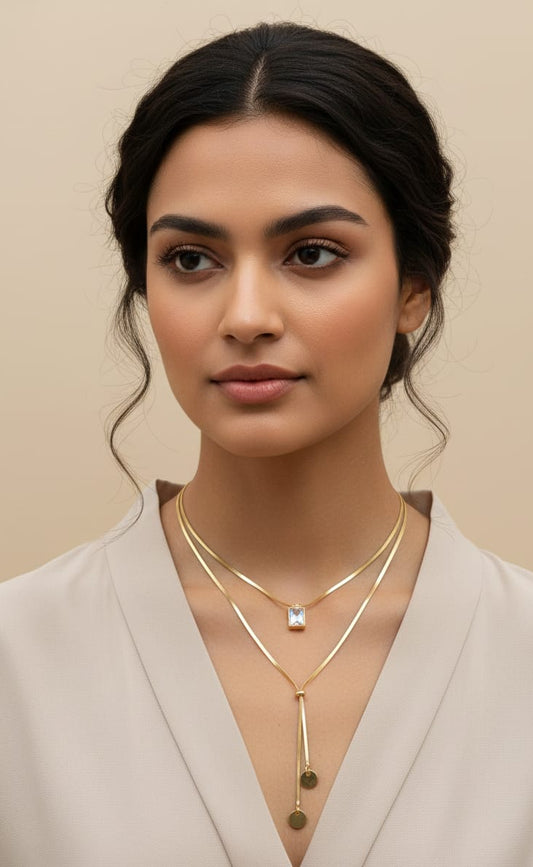 Lunara Double Layered Anti-Tarnish Gold Lariat Necklace