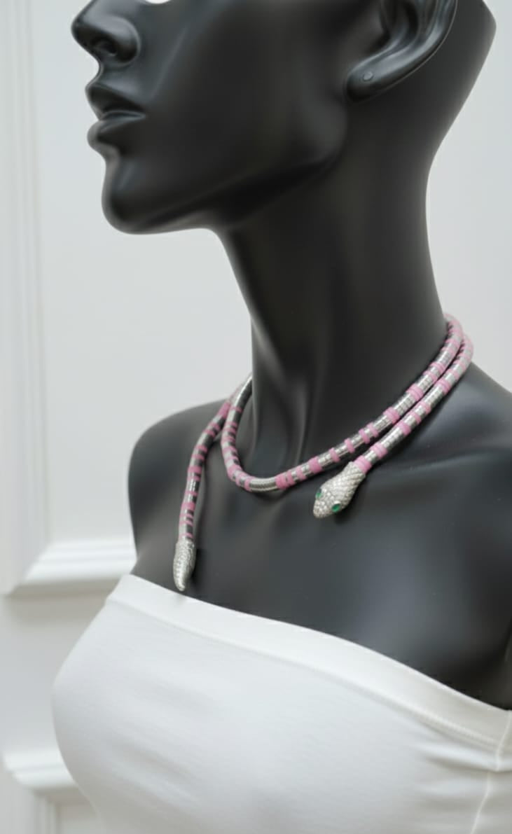 Pink Beaded Azure Serpent Convertible Necklace & Wrap Bracelet