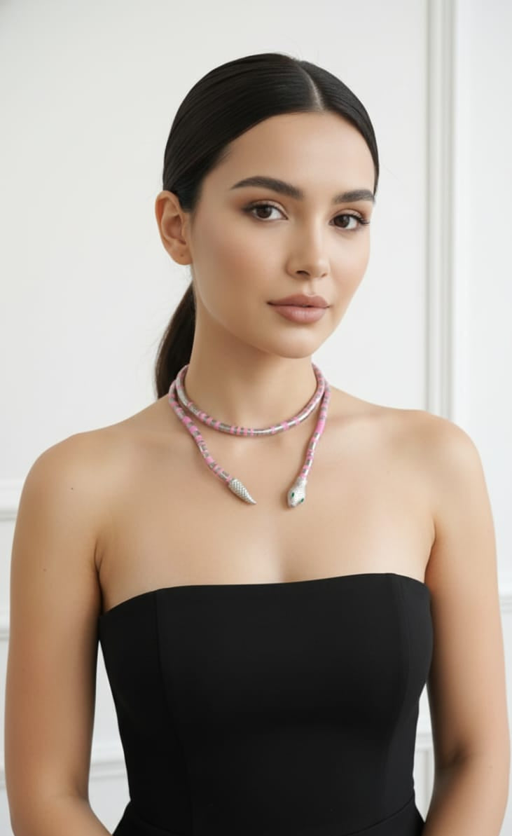 Pink Beaded Azure Serpent Convertible Necklace & Wrap Bracelet