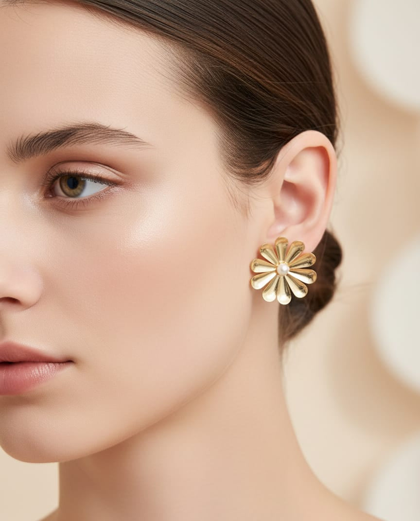 Gold-Toned Floral Pearl Stud Earrings