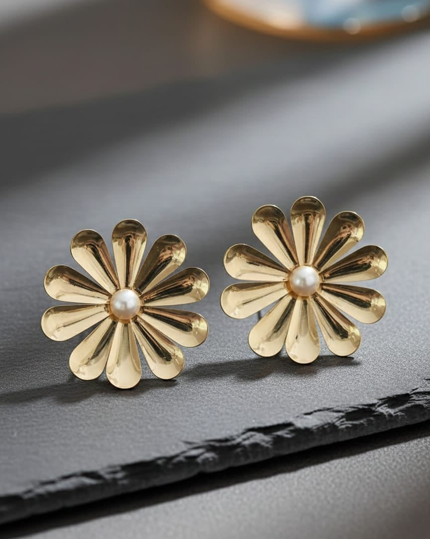 Gold-Toned Floral Pearl Stud Earrings