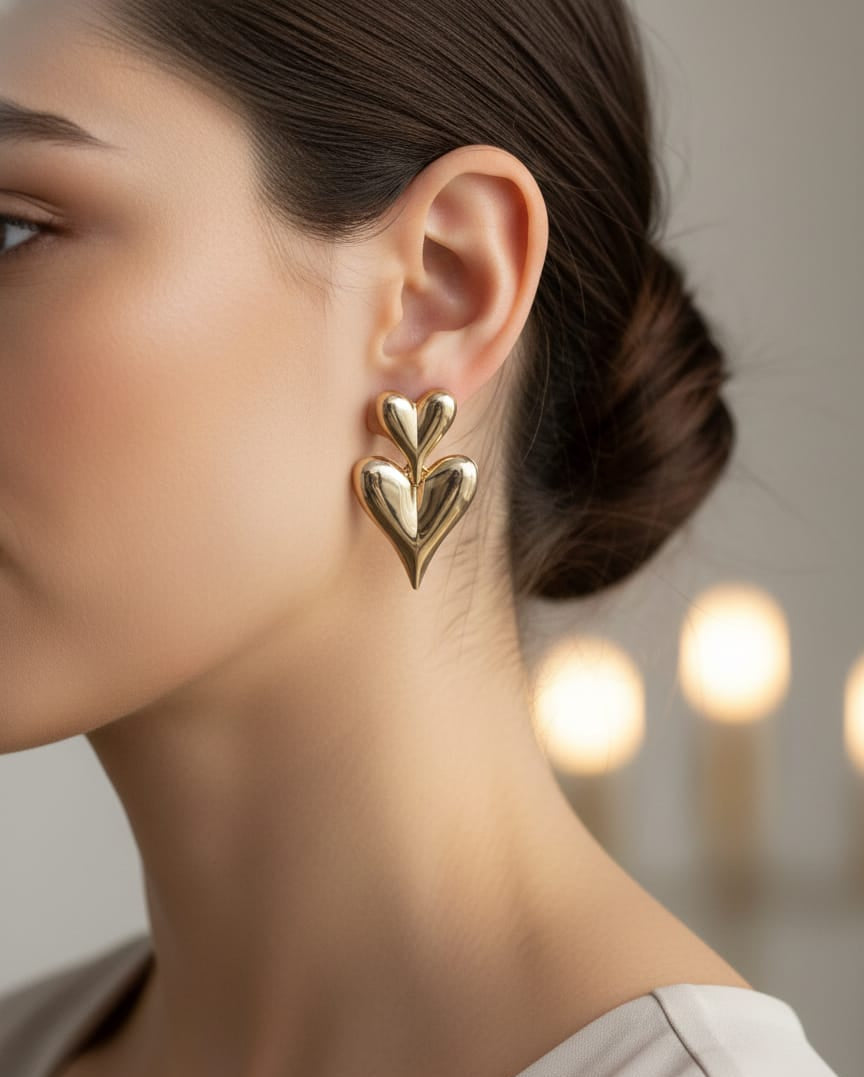 Gold-Toned Double Heart Drop Earrings