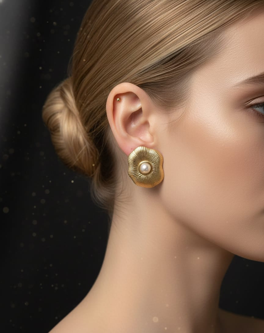 Gold-Toned Textured Flower Pearl Stud Earrings