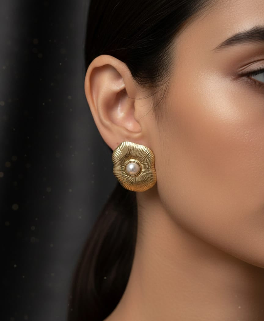 Gold-Toned Textured Flower Pearl Stud Earrings