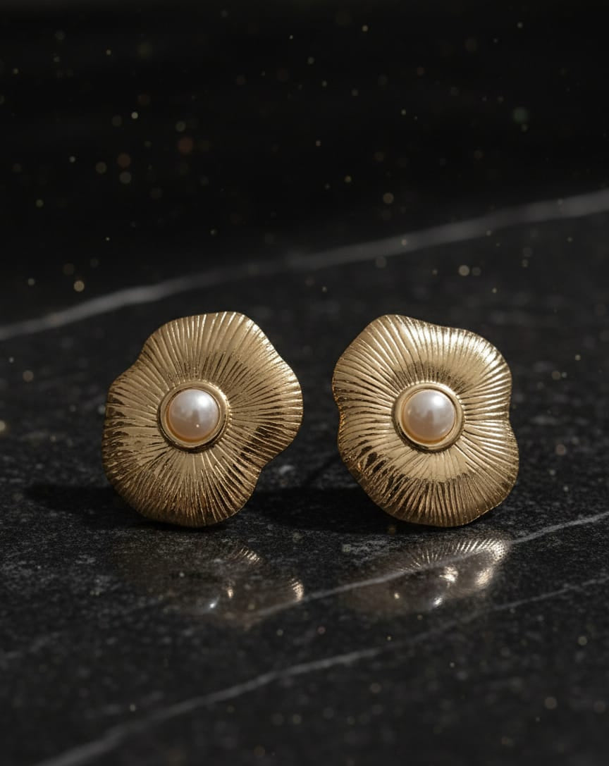 Gold-Toned Textured Flower Pearl Stud Earrings