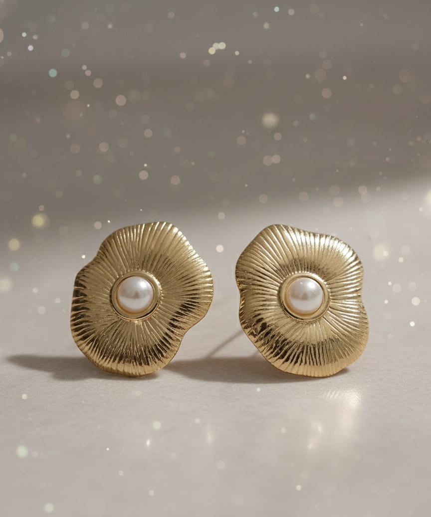 Gold-Toned Textured Flower Pearl Stud Earrings