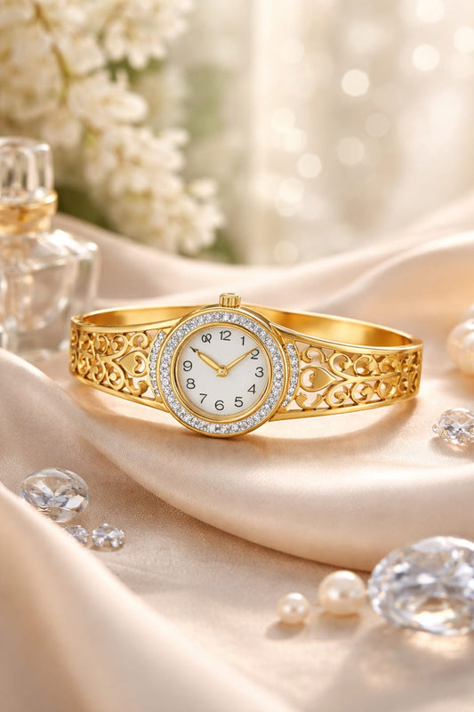 Anti-Tarnish Gold-Toned Ornate Cuff Bracelet Watch