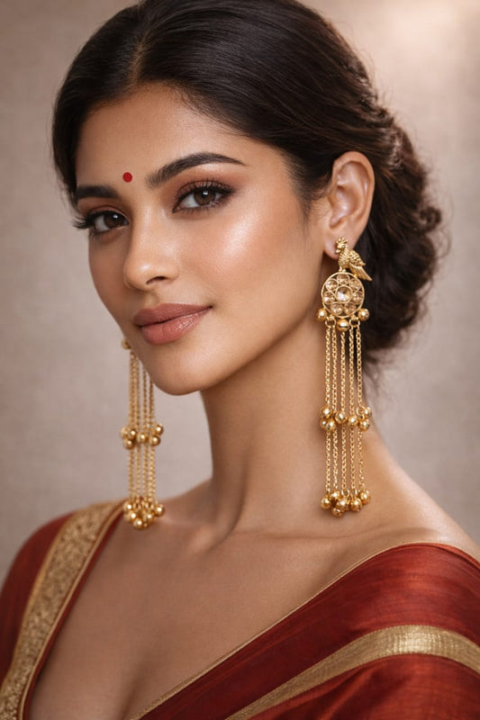 Gold-Toned Kashmiri Parrot Dangler Earrings with Kundan & Ghungroo Beads