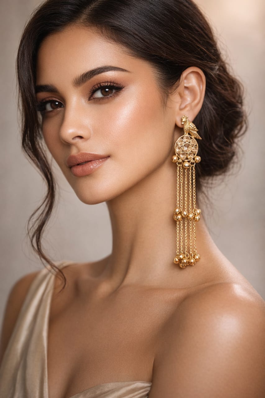 Gold-Toned Kashmiri Parrot Dangler Earrings with Kundan & Ghungroo Beads