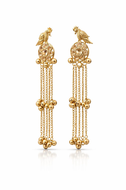 Gold-Toned Kashmiri Parrot Dangler Earrings with Kundan & Ghungroo Beads