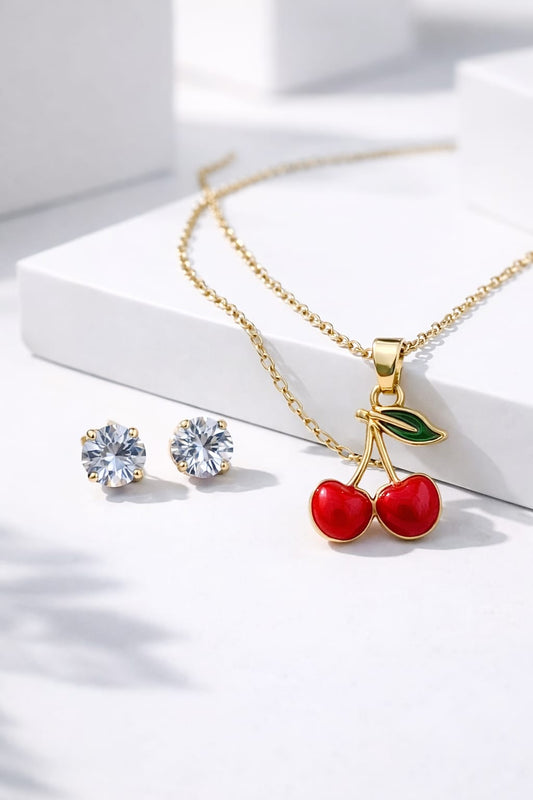 Gold-Toned Cherry Pendant Necklace & Crystal Stud Earrings Combo