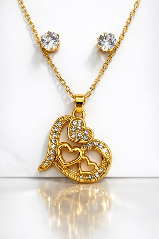 Gold-Toned Heart Pendant Necklace & Crystal Stud Earrings Combo