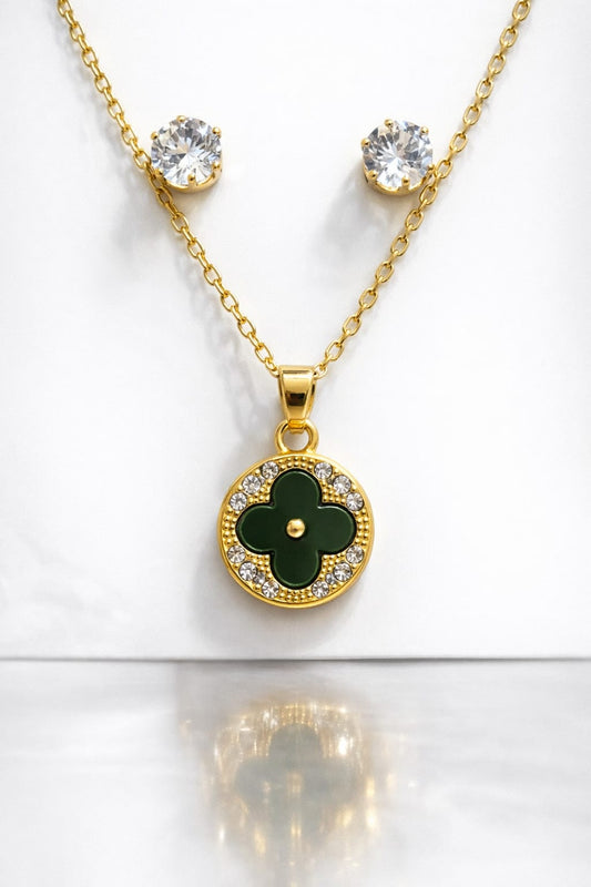 Gold-Toned Green Clover Pendant Necklace & Crystal Stud Earrings Combo