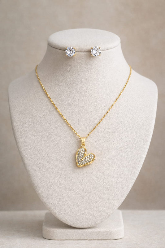 Gold-Toned Crystal Heart Pendant Necklace & Stud Earrings Combo
