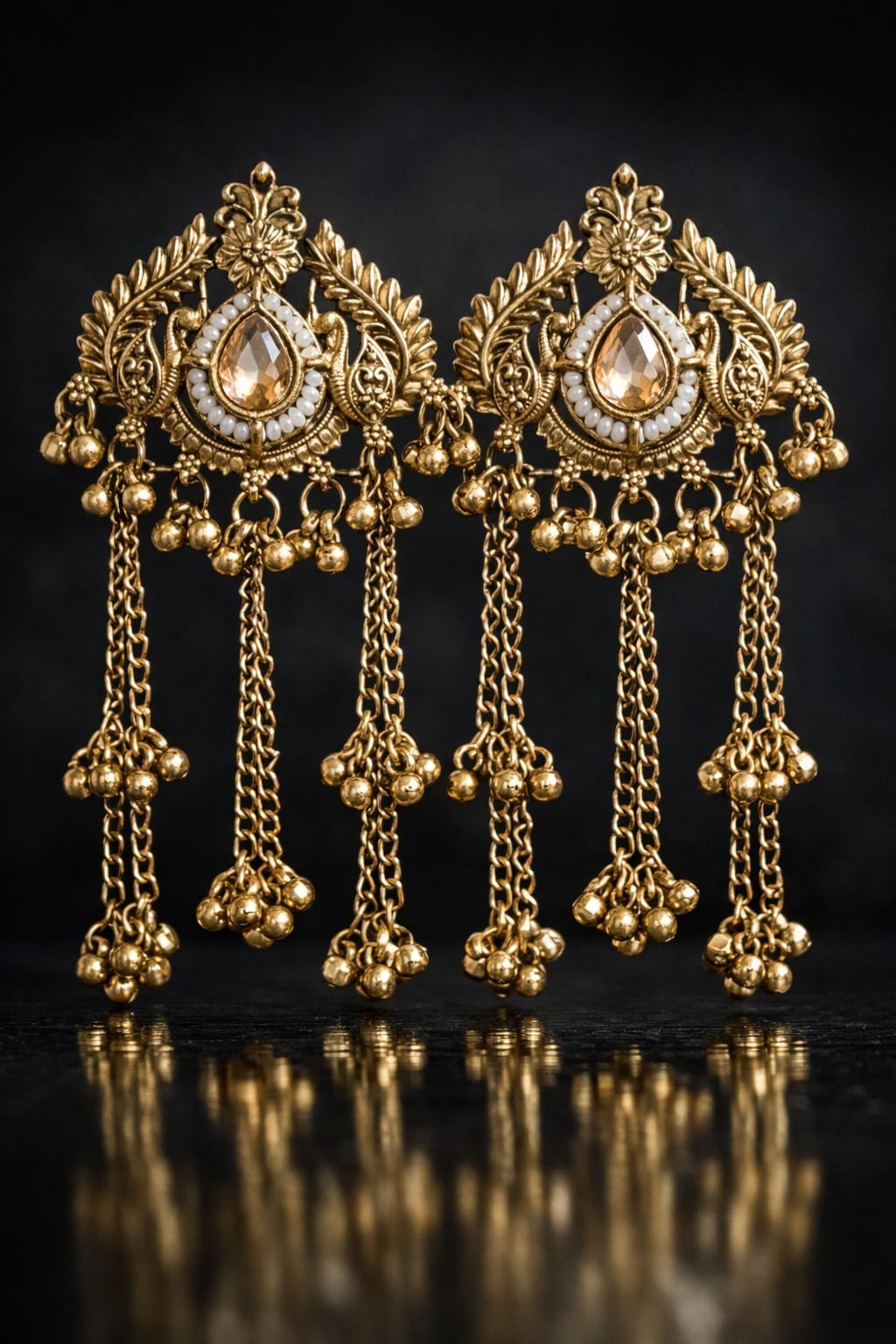 Gold-Toned Kashmiri Kundan Chandbali Earrings with Pearl & Ghungroo Chains