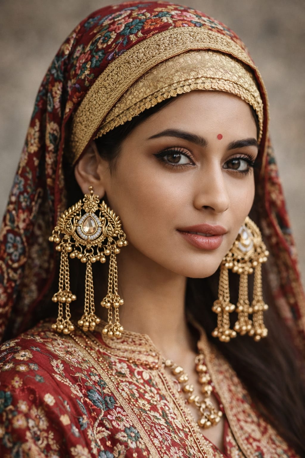 Gold-Toned Kashmiri Kundan Chandbali Earrings with Pearl & Ghungroo Chains