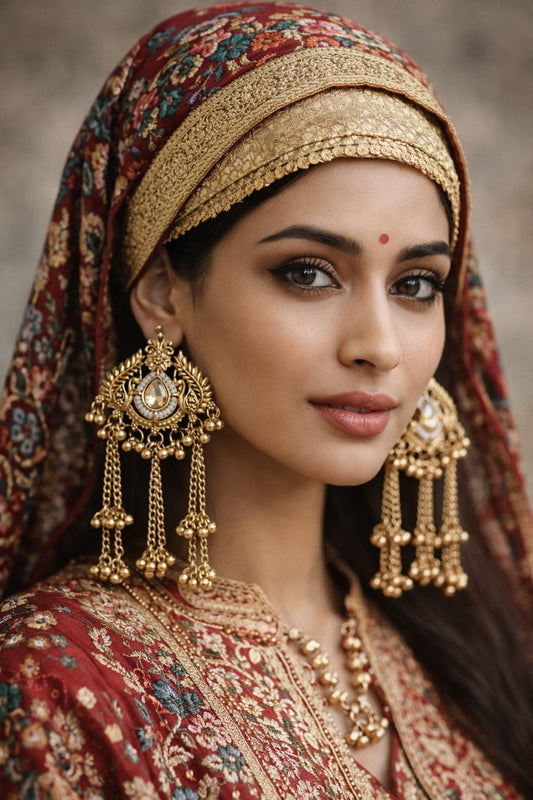 Gold-Toned Kashmiri Kundan Chandbali Earrings with Pearl & Ghungroo Chains