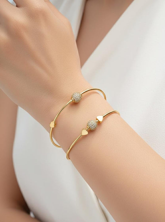 Gold-Toned Heart & Crystal Charm Open Bangles