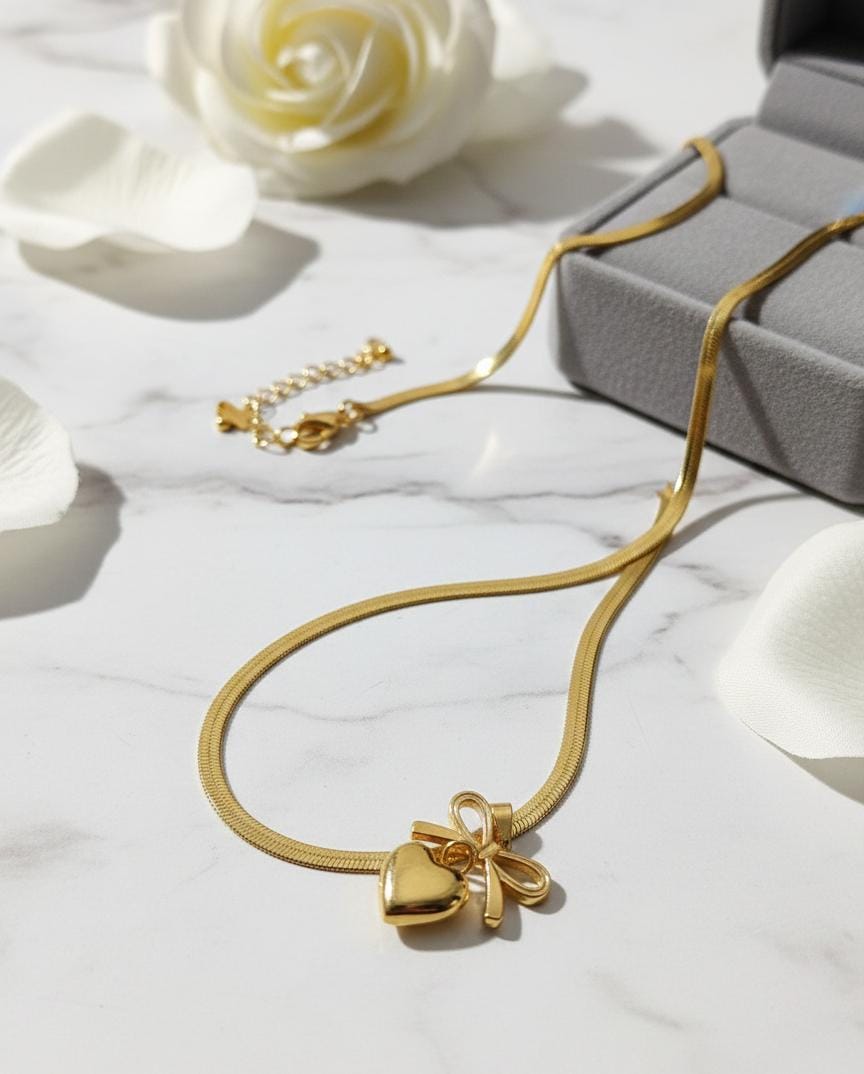 Gold Heart Bow Anti-Tarnish Necklace