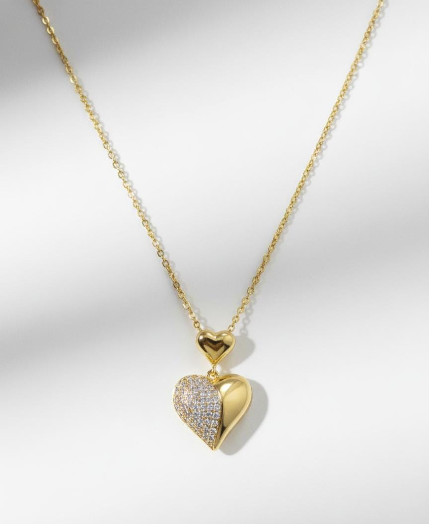 Gold Dual Heart Anti-Tarnish Necklace – Crystal Heart Pendant Chain