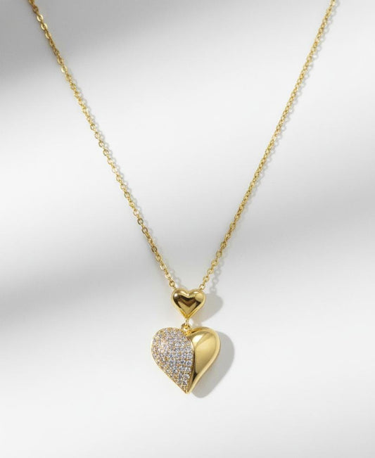 Gold Dual Heart Anti-Tarnish Necklace – Crystal Heart Pendant Chain