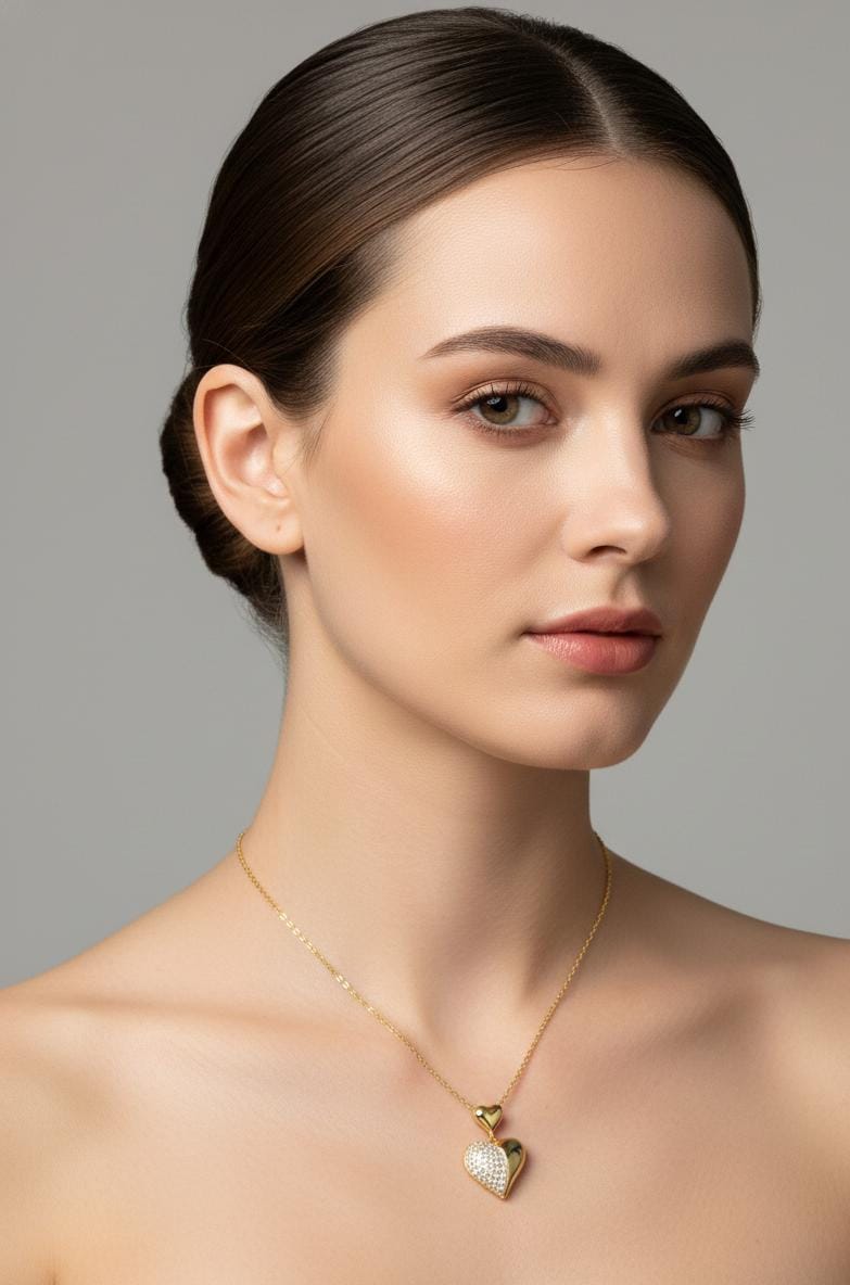 Gold Dual Heart Anti-Tarnish Necklace – Crystal Heart Pendant Chain