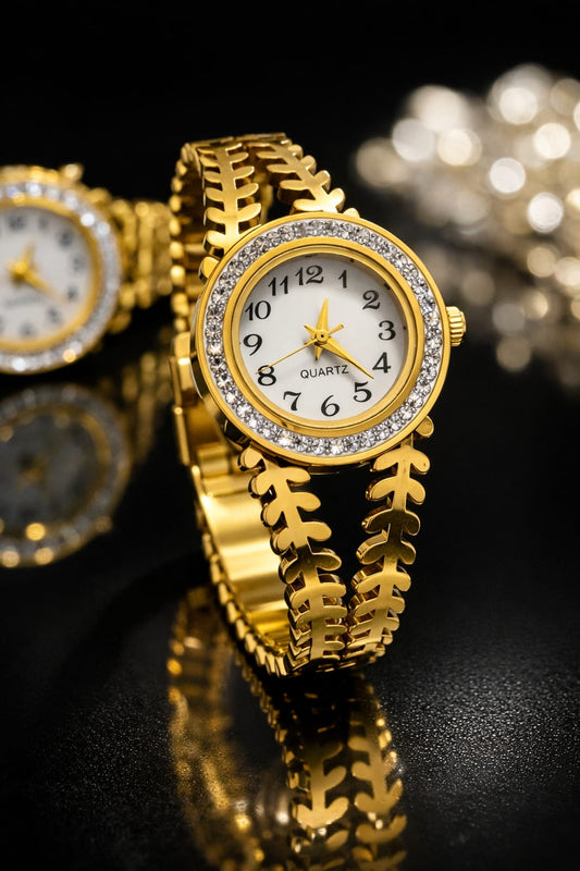 Gold Leaf Design Anti-Tarnish Bracelet Watch – Crystal Bezel Quartz Watch