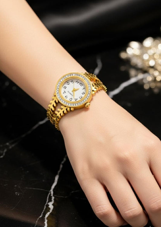 Gold Leaf Design Anti-Tarnish Bracelet Watch – Crystal Bezel Quartz Watch