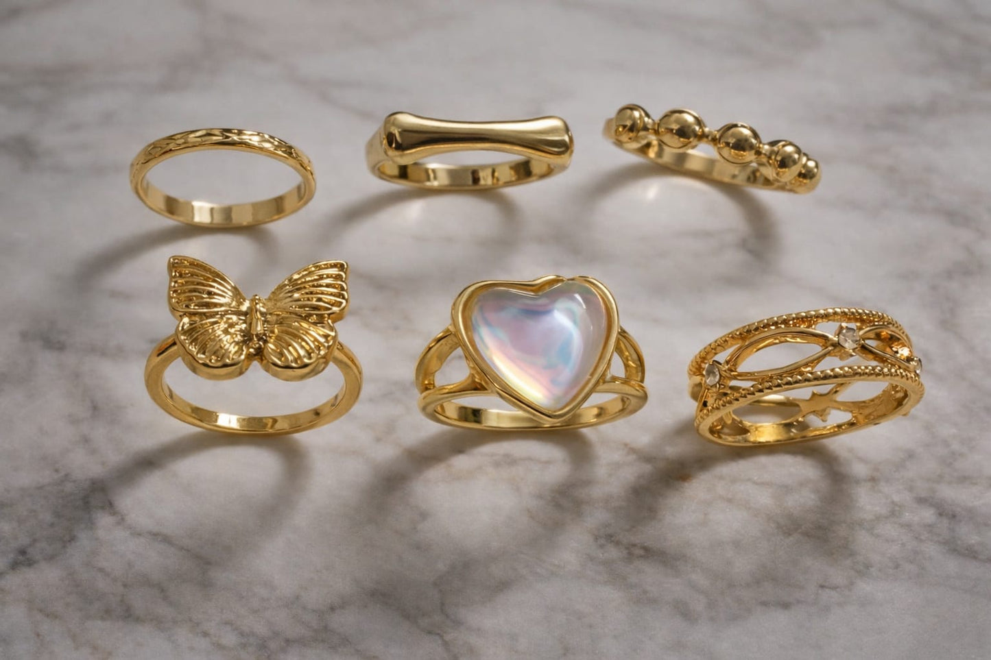 Gold Finish Statement Ring Set for Women – Pack of 6 Designer Rings