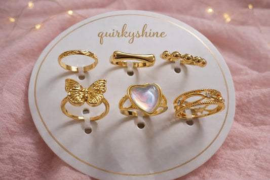 Gold Finish Statement Ring Set for Women – Pack of 6 Designer Rings