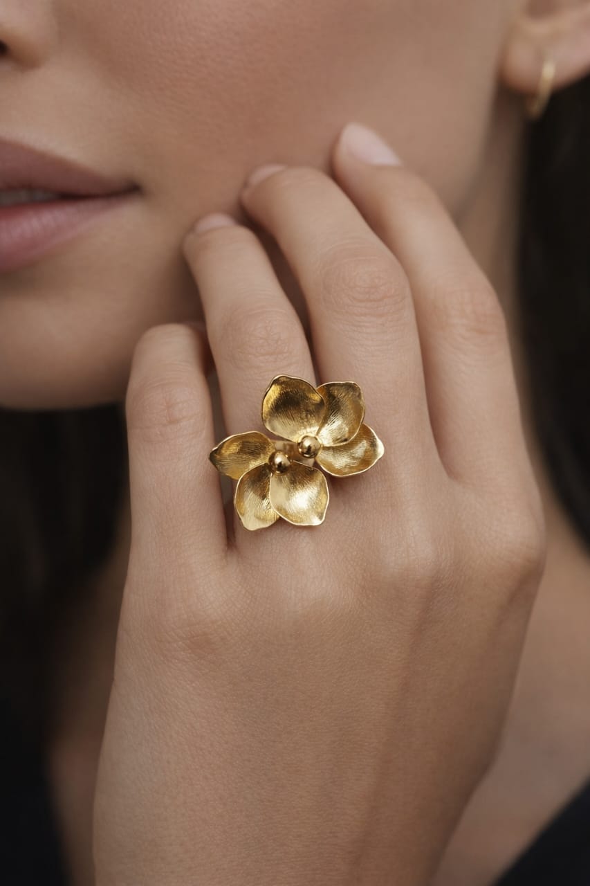 Gold Finish Floral Anti-Tarnish Cocktail Ring