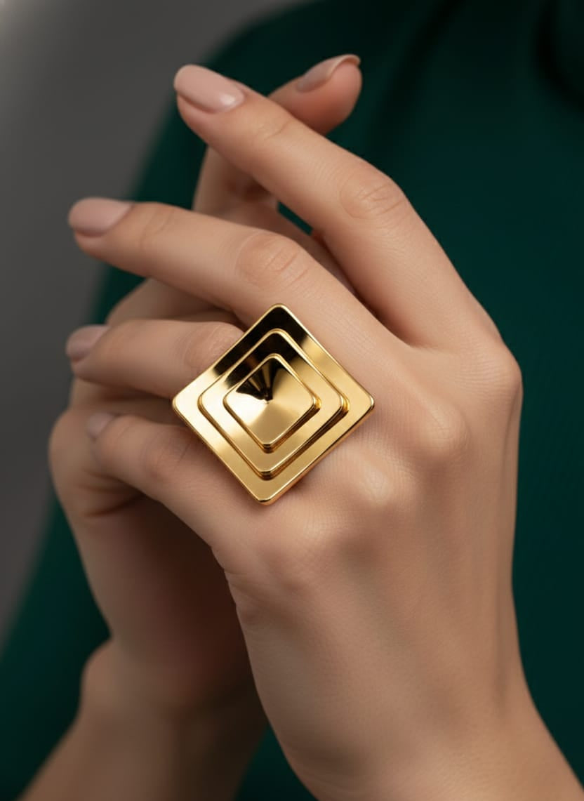 Geometric Gold Square Anti-Tarnish Adjustable Cocktail Ring