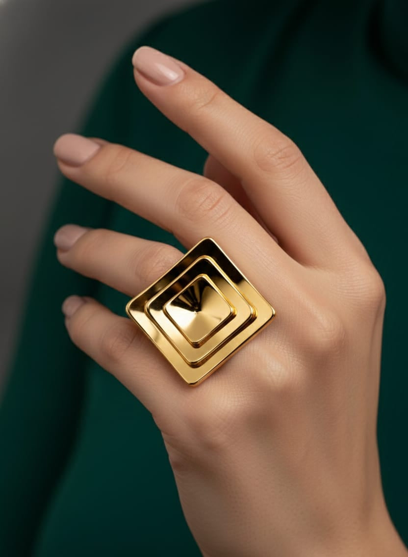 Geometric Gold Square Anti-Tarnish Adjustable Cocktail Ring