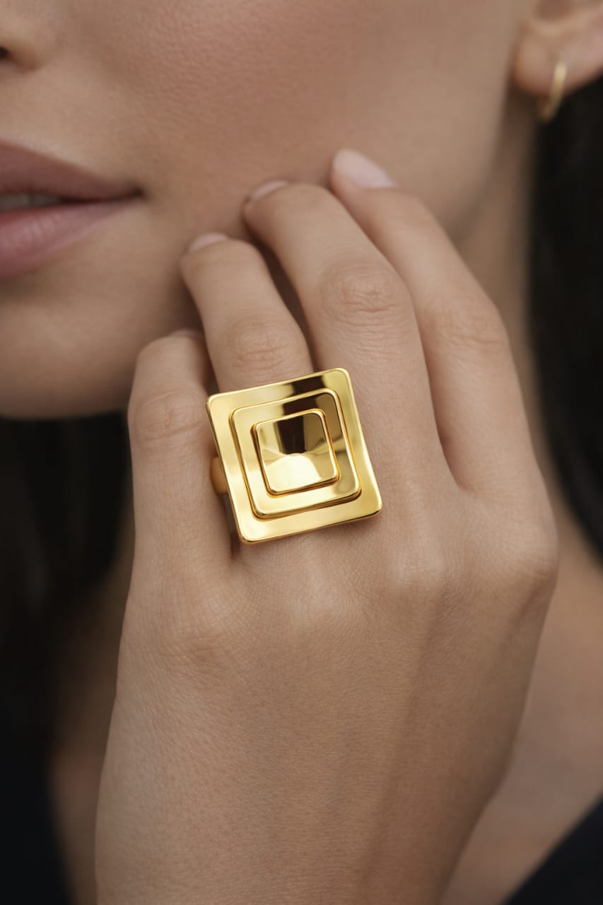 Geometric Gold Square Anti-Tarnish Adjustable Cocktail Ring