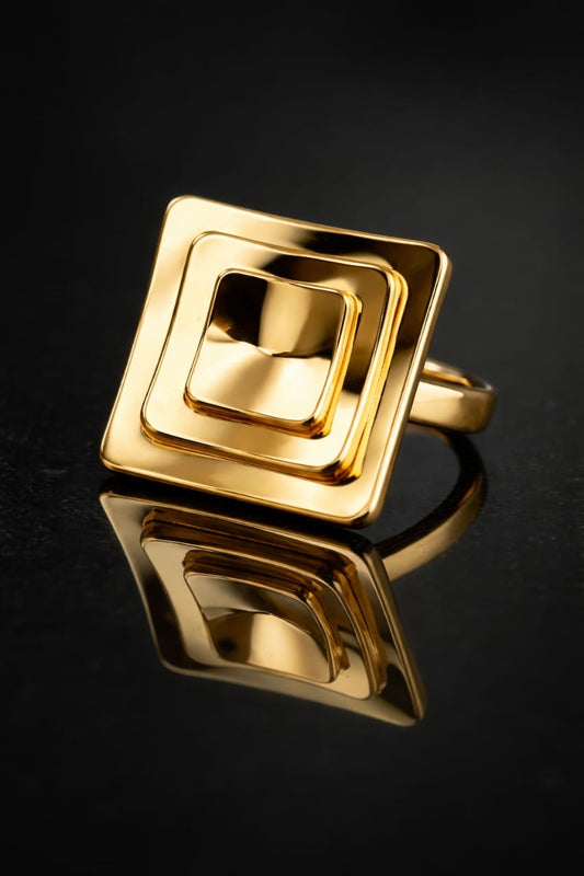 Geometric Gold Square Anti-Tarnish Adjustable Cocktail Ring