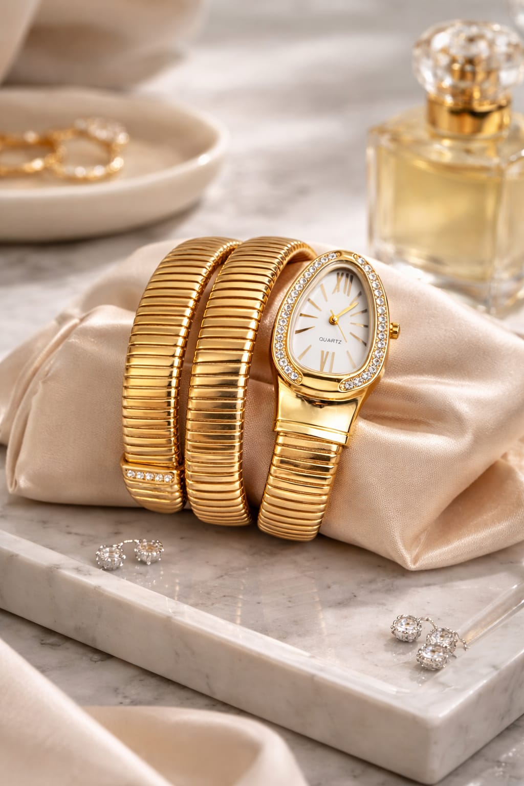 Gold Snake Bracelet Watch with White Dial