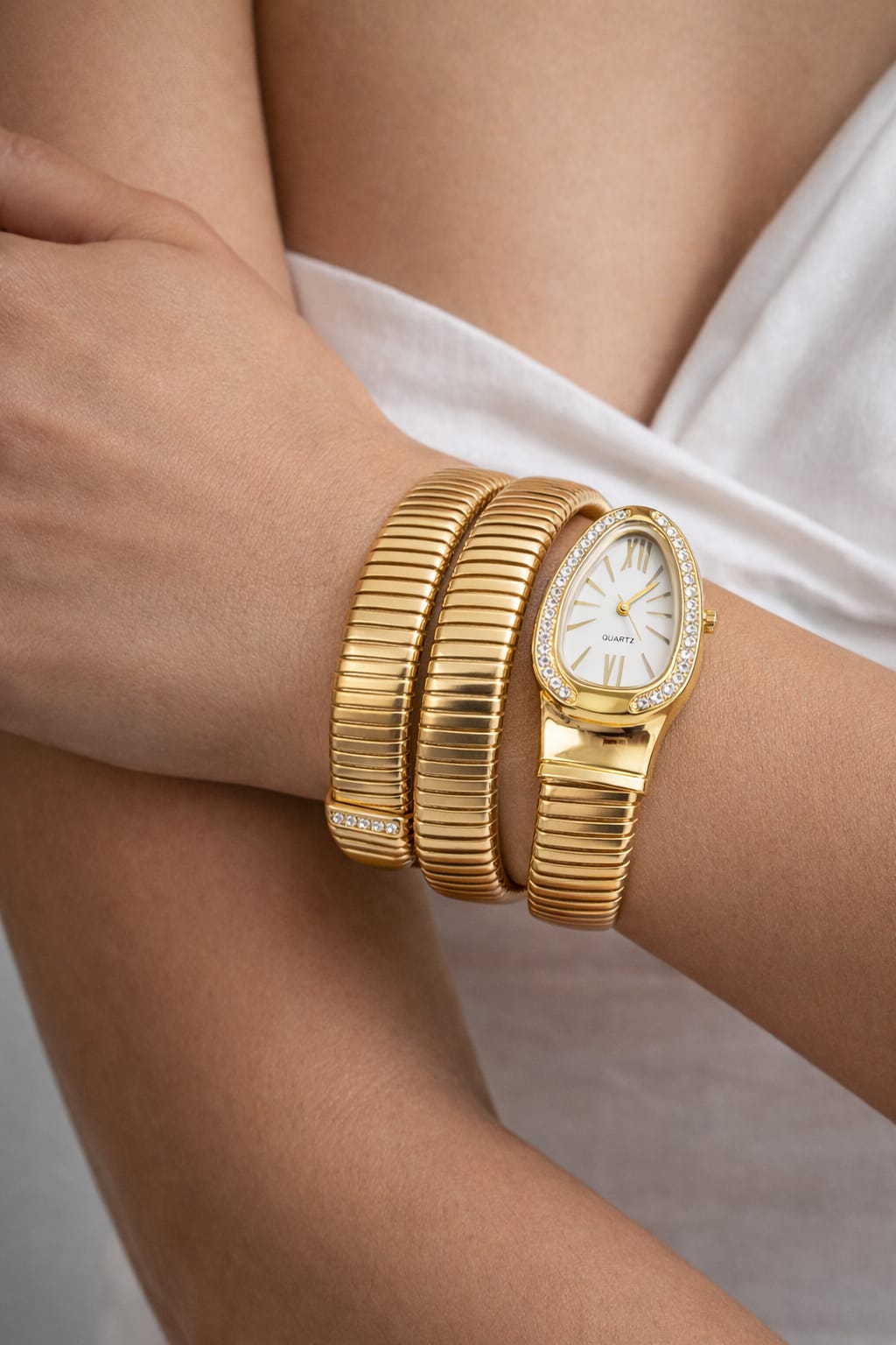 Gold Snake Bracelet Watch with White Dial