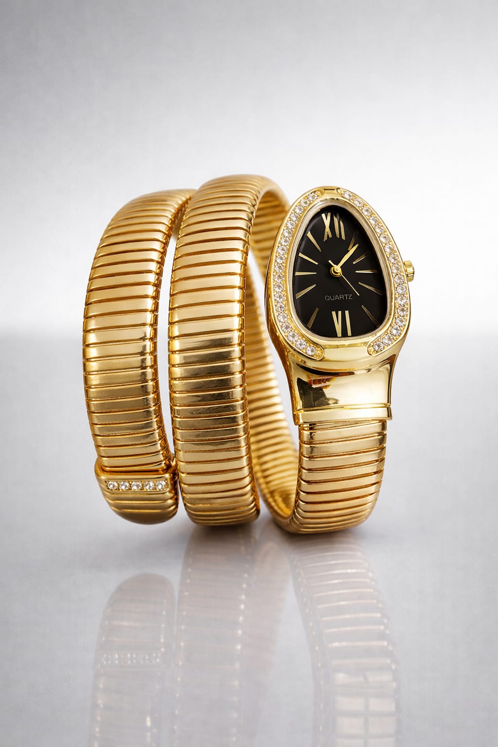 Gold Tone Snake Bracelet Watch with Black Dial