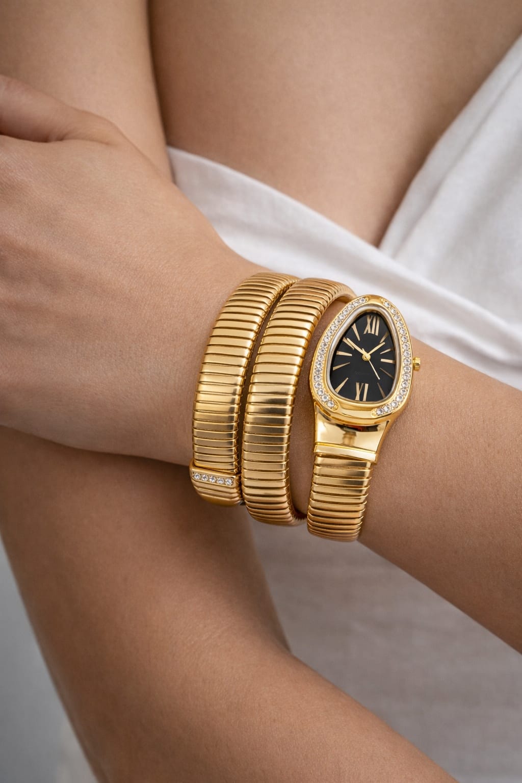 Gold Tone Snake Bracelet Watch with Black Dial