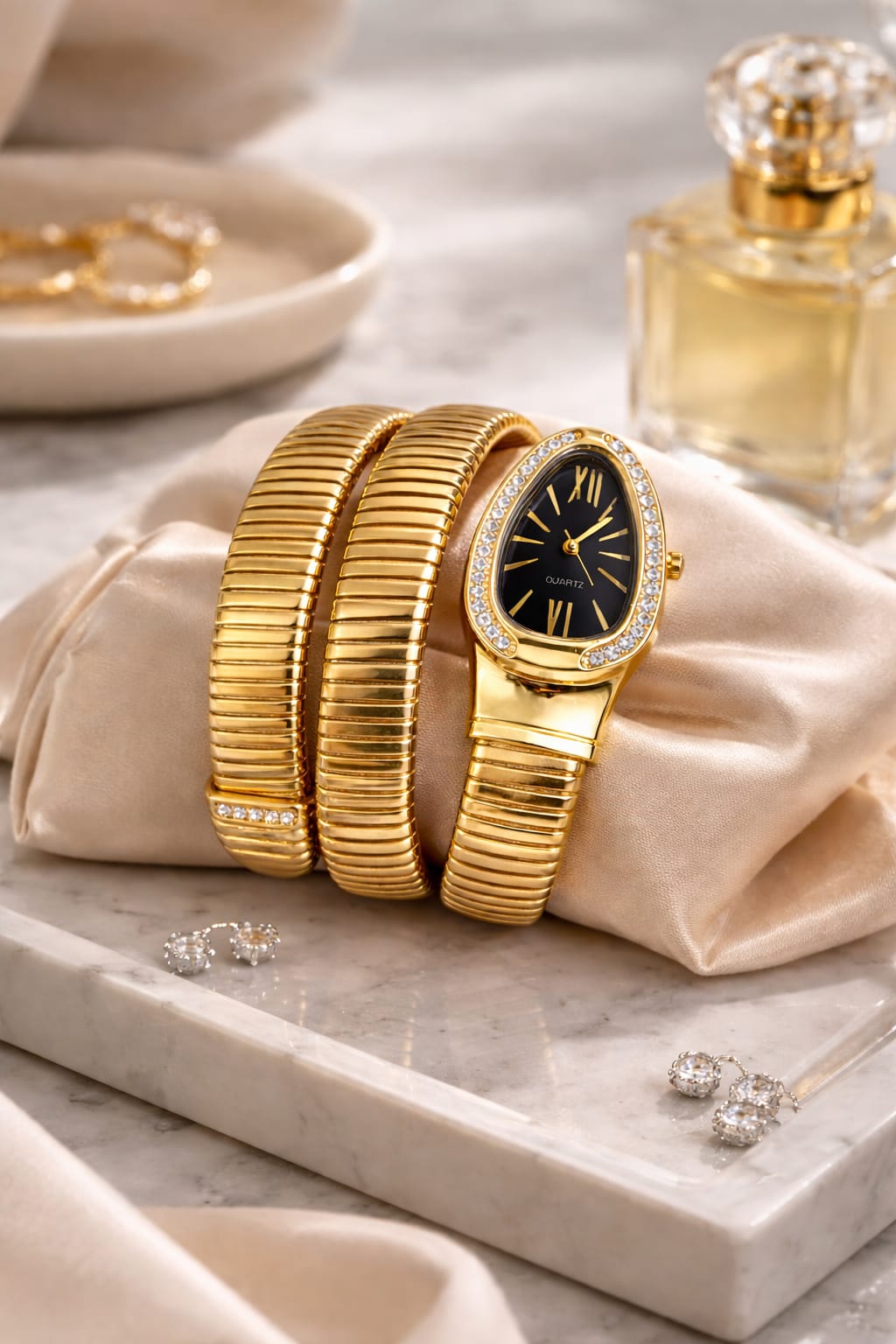 Gold Tone Snake Bracelet Watch with Black Dial