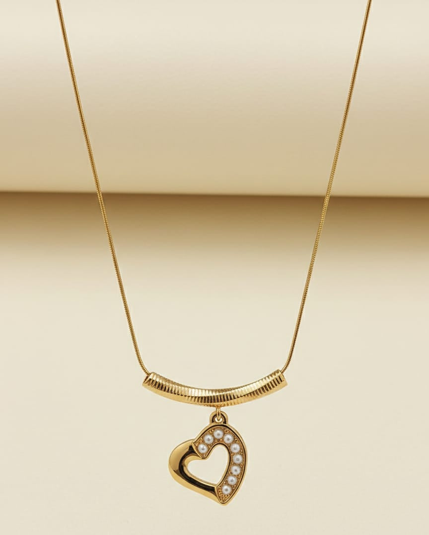 Anti-Tarnish Gold Heart Pendant Necklace with Pearl Detailing